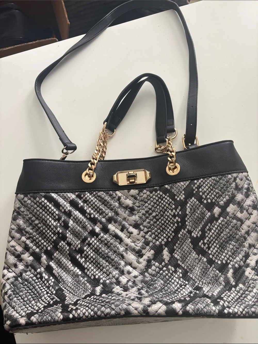 Aldo Black and White Snake-Print Satchel with Gold Hardware